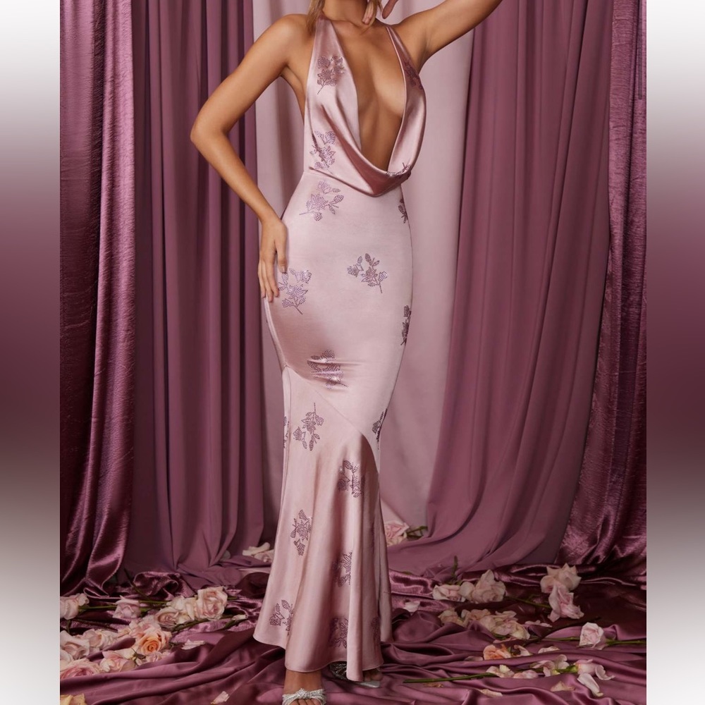 Deep Cowl Fishtail Maxi Dress “Gisele” Mauve
